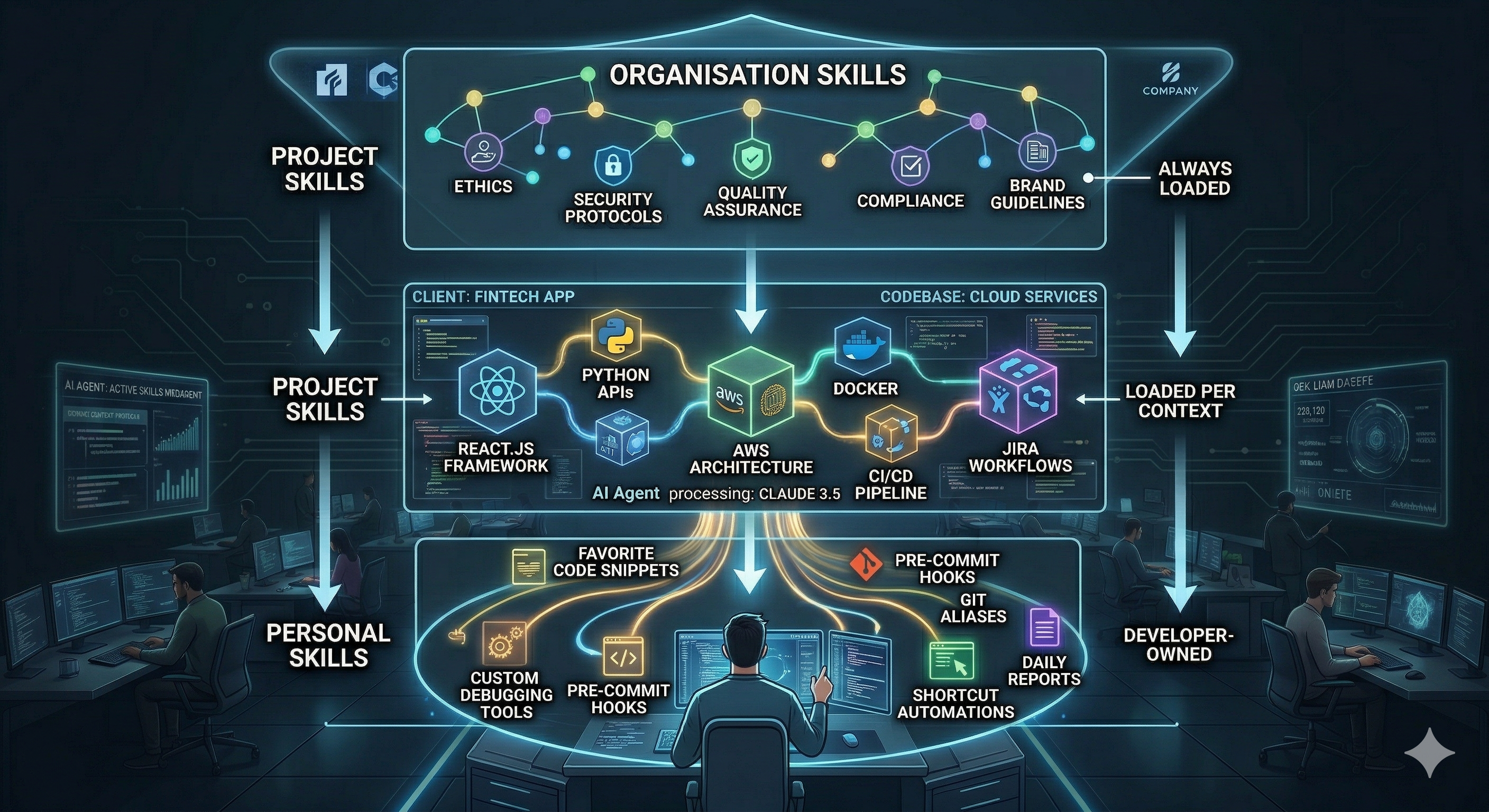 Agent skill hierarchy diagram showing organisation, project, and personal skill layers.