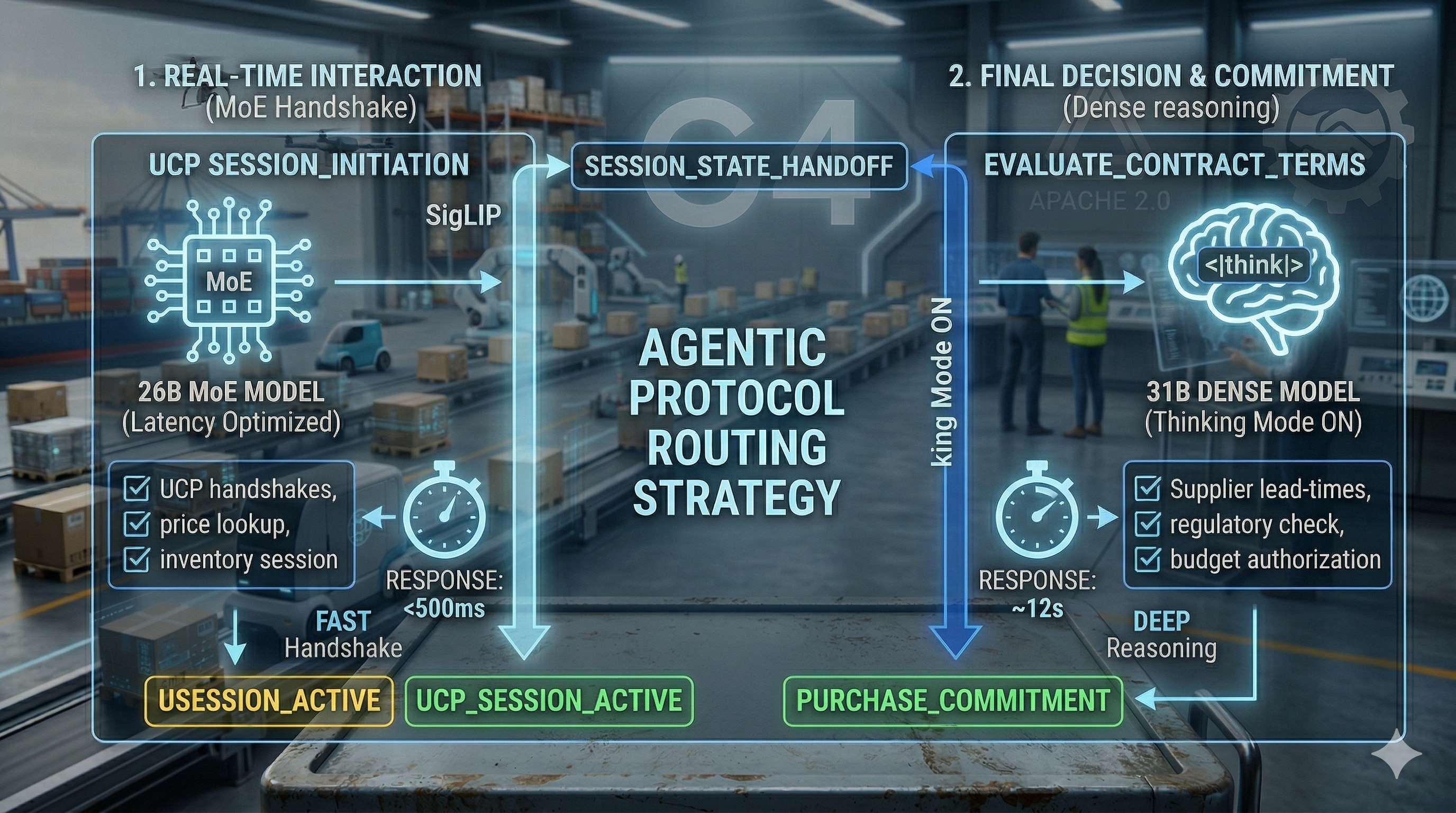 Gemma 4 in enterprise stack: Engine (Gemma 4), Gearbox (ADK), Transmission (UCP/ACP/MCP)