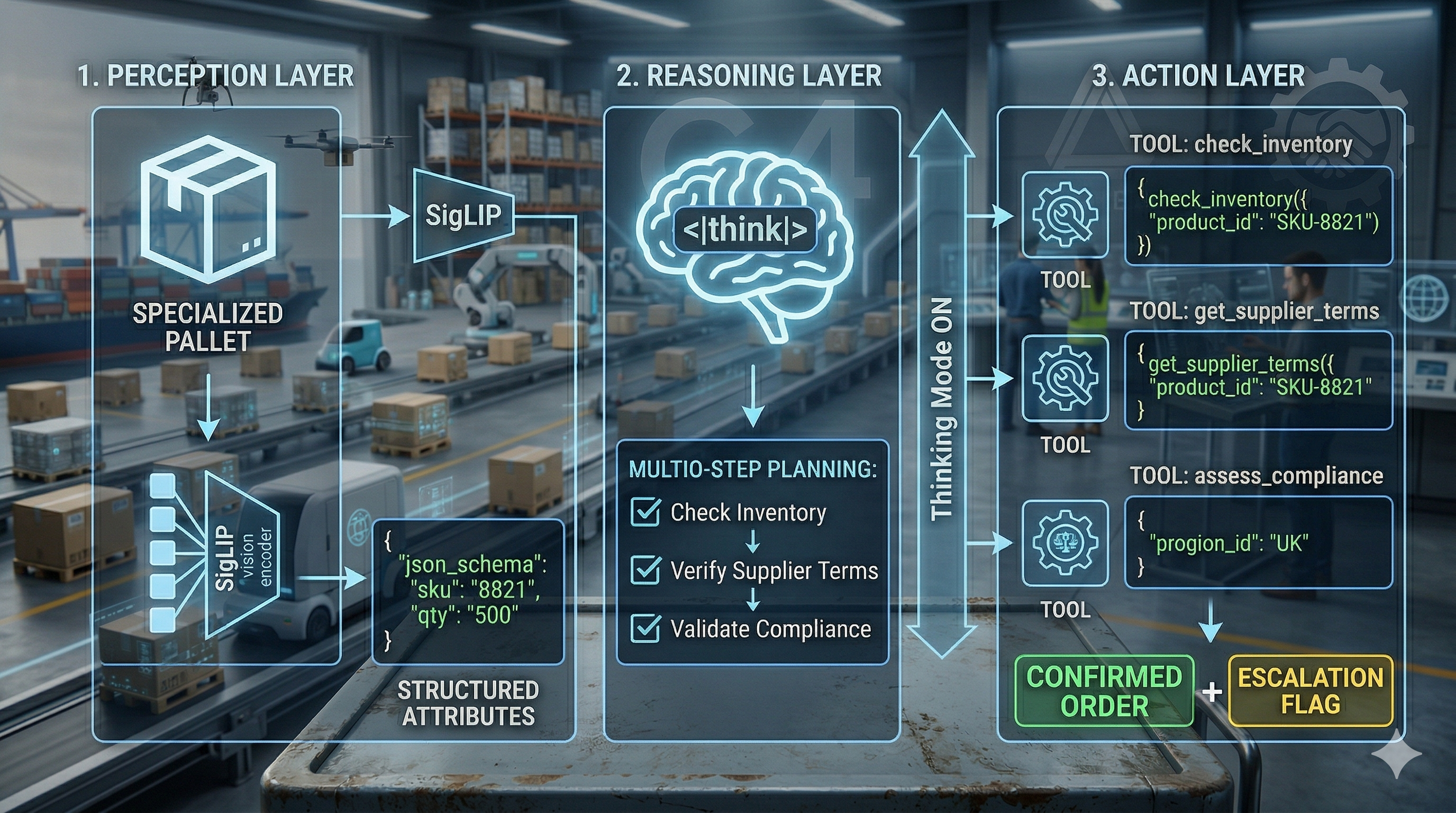 Three-layer agentic commerce architecture: Perception, Reasoning, Action, with Gemma 4 mapped to each layer