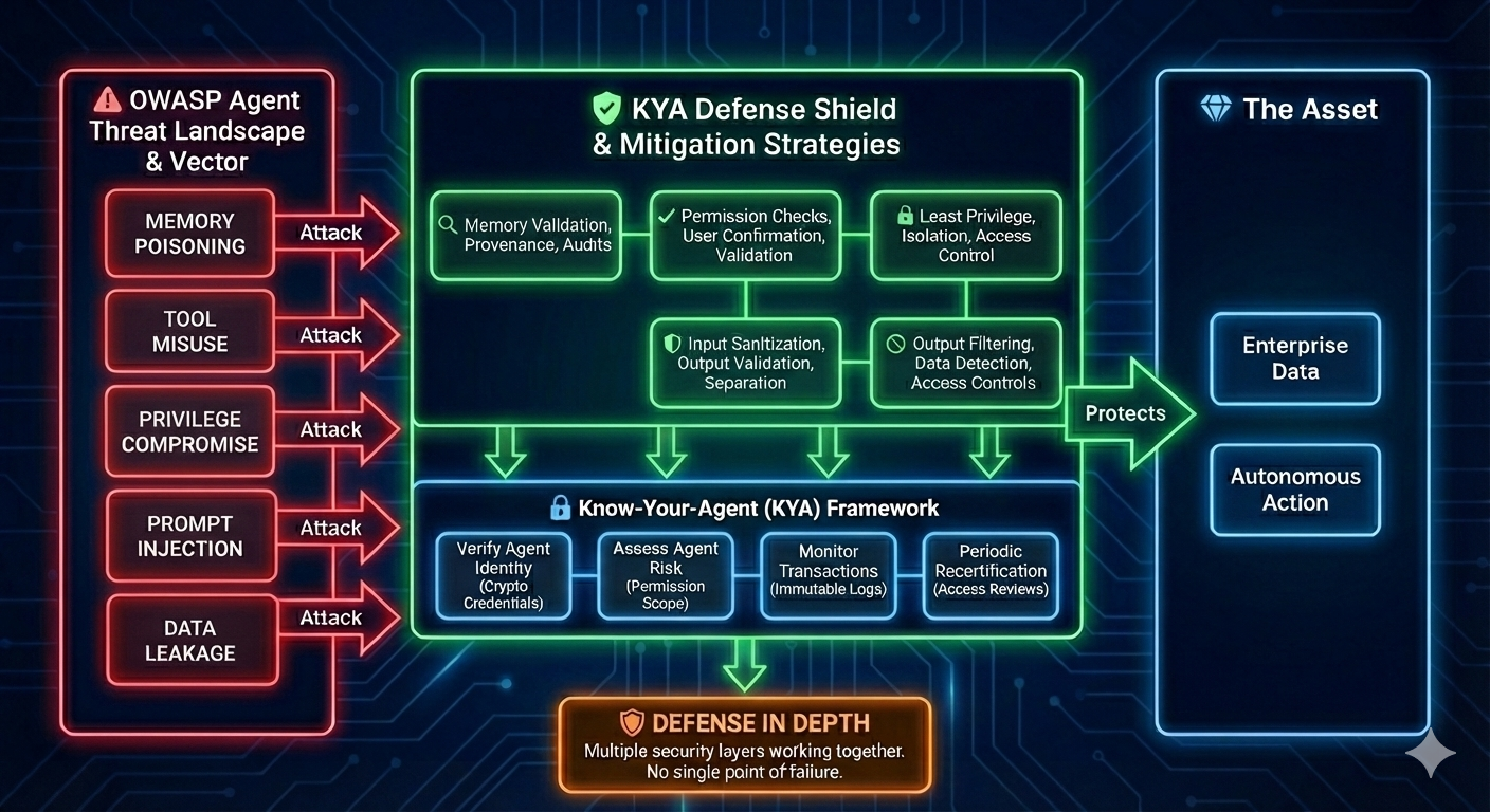 Shows OWASP agent threats, corresponding mitigations, and the KYA (Know your Agent) framework.