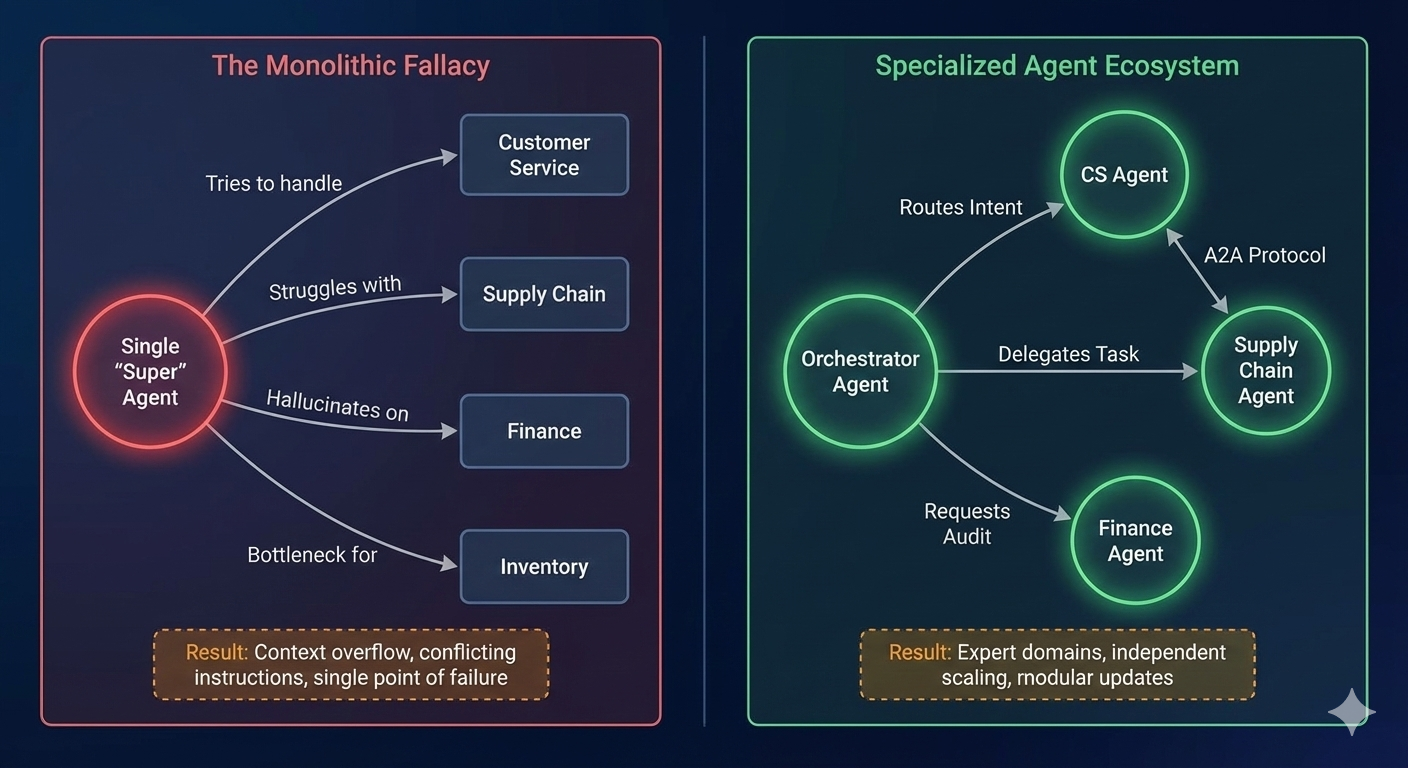 Shows why the 'one agent to rule them all' approach doesn't scale compared to specialised agent ecosystems.