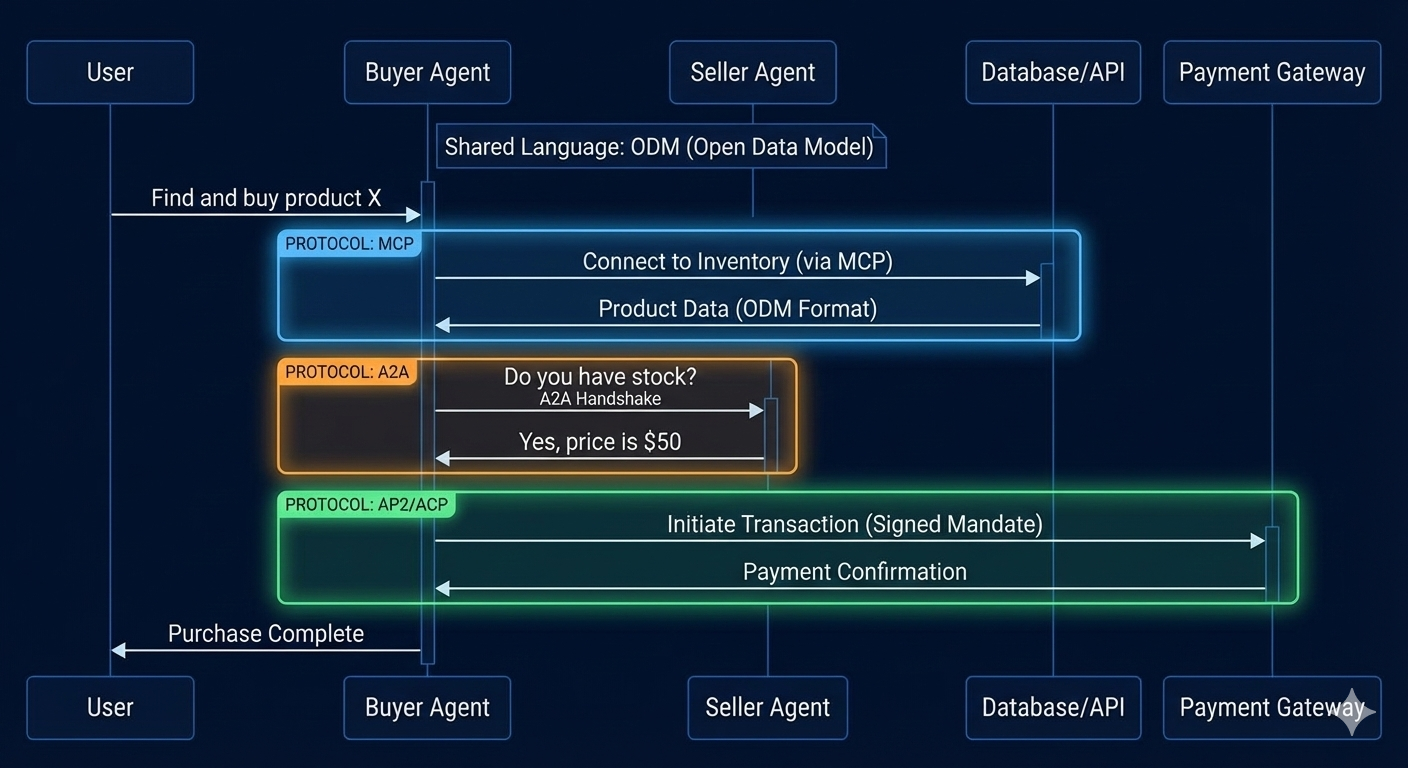 Shows how A2A, MCP, AP2, and ODM work together to enable different types of agent interactions.